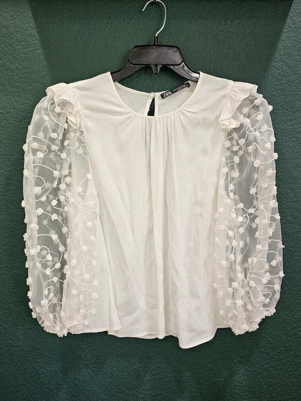 Zara White Embroidered Sheer Puff Sleeve Blouse Medium Floral Mesh